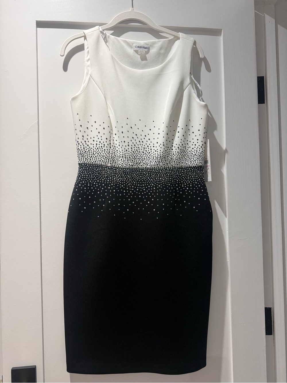 Calvin Klein Black and White Sleeveless Sheath Dress with Rhinestone Gradient